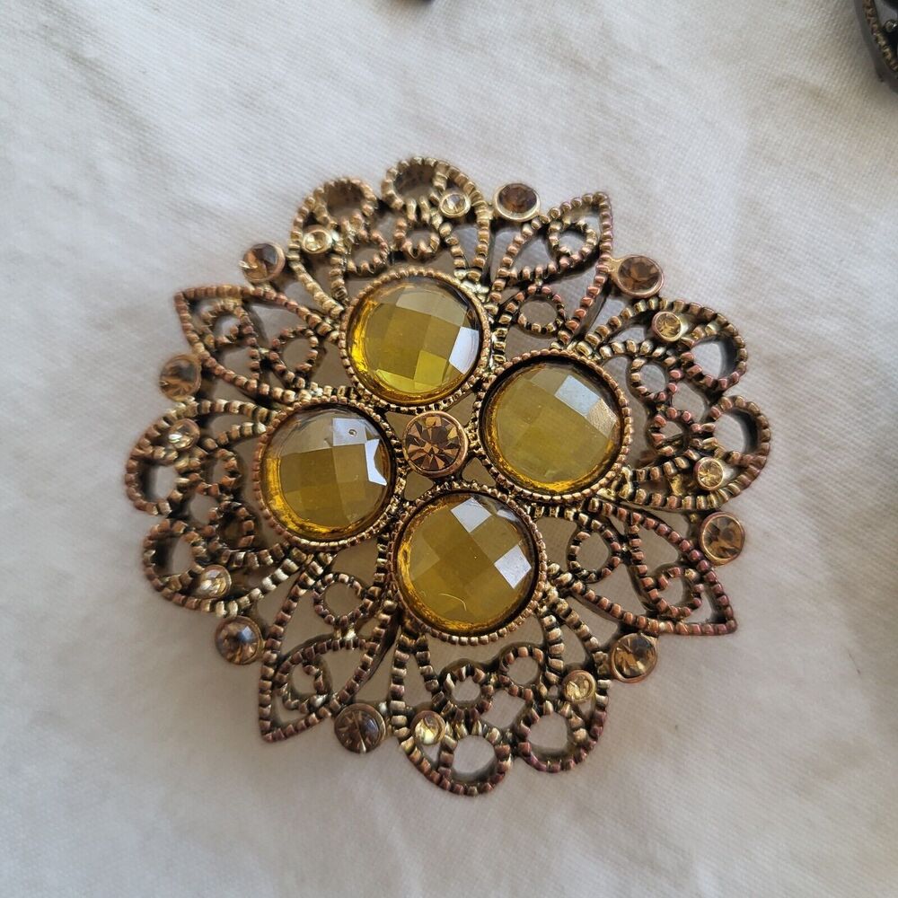 Brooch Pin Lot Floral Cameo Sparkle Rhinestone Crystal Rose Dragonfly Goldtone - Picture 3 of 8